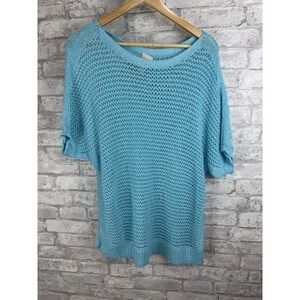 Chicos  Sweater Aqua Blue Size XL (3) Turquoise Open Knit Stretch Crochet Resort
